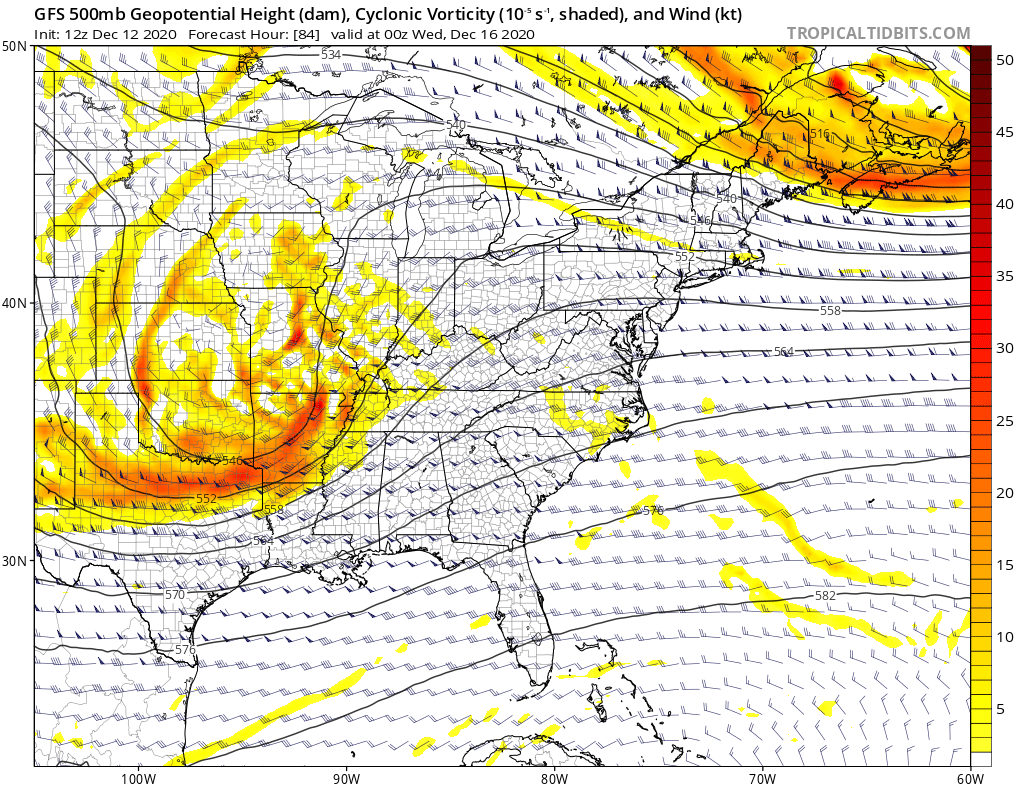 Antecedent cold air will be plentiful w/ CAA upstream of a prior Monday cyclone, w/ confluent zone downstream of the main trough. This should prevent a low track too far north, but esp if trough trends more amplified this could favor a slightly more NW track than currently shown.