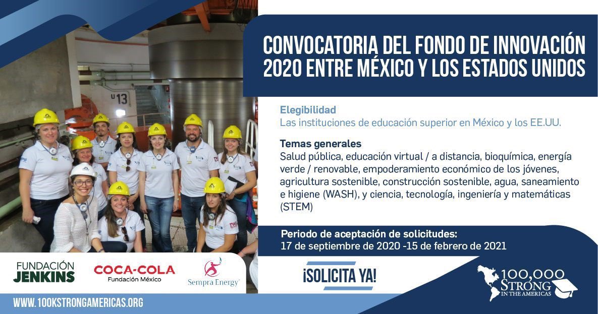 EmbamexEUA's tweet photo. ℹ️ Concursa en los Fondos de Innovación 2020 para instituciones de educación superior mexicanas y estadounidenses #100KStrongAmericas.

🗓Fecha Límite: 15 de febrero de 2021

📲Consulta aquí los lineamientos: https://t.co/VoSLMnhwbH

@PartnersAmerica 
#JuntosSomosMejores
#FOBESII https://t.co/cfIstGdb4p