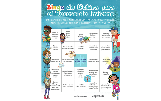 CapstonePub's tweet photo. Back by popular demand—Winter Break Reading Bingo! ❄️ Choose from an English or Spanish version, in color or black-and-white. Download your Bingo card at https://t.co/Xp7tQyogHG  #ReadingIsForEveryone #tlchat #WinterBreak #Reading https://t.co/nR2BUjLoYQ