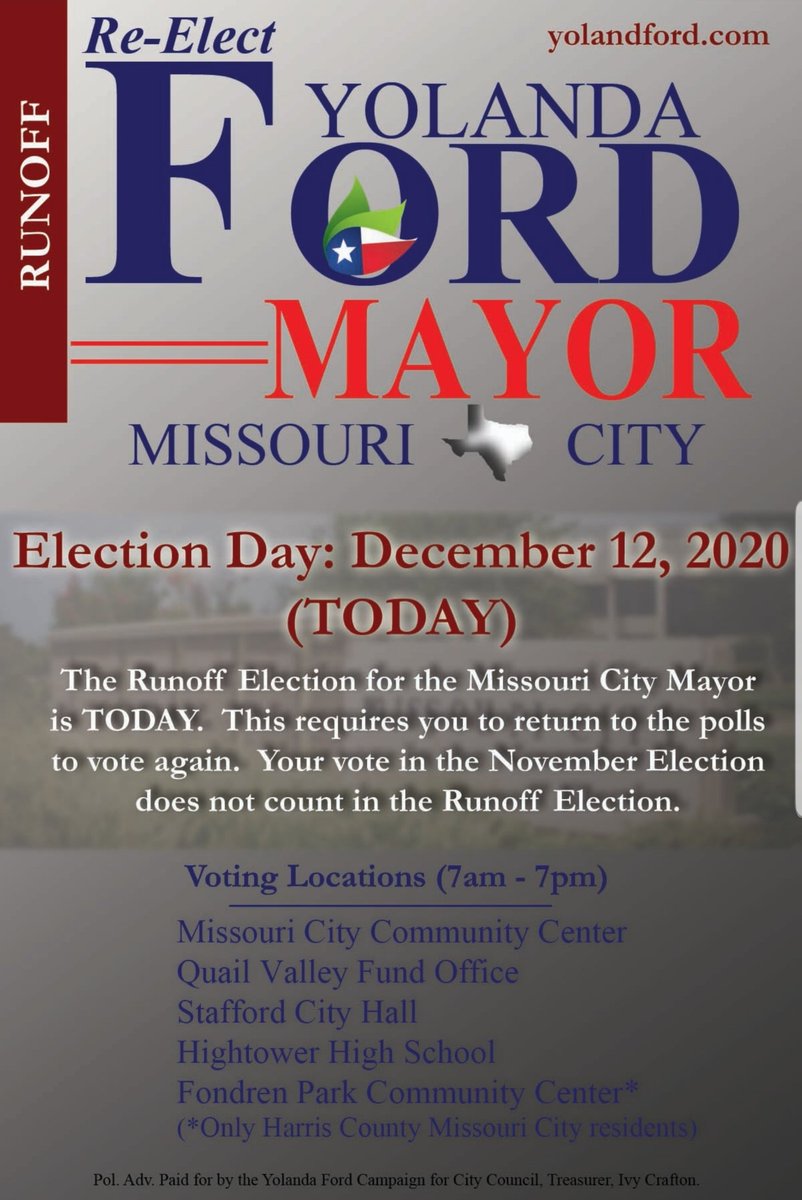 This is the last day to vote in the Missouri City Runoff Election! Polls are open 7am to 7pm. Less than 7% of Missouri City have voted. Remind your neighbors and friends to vote to Re-elect Mayor Yolanda Ford as Missouri City Mayor.
#mayoryolandaford #missouricitytx