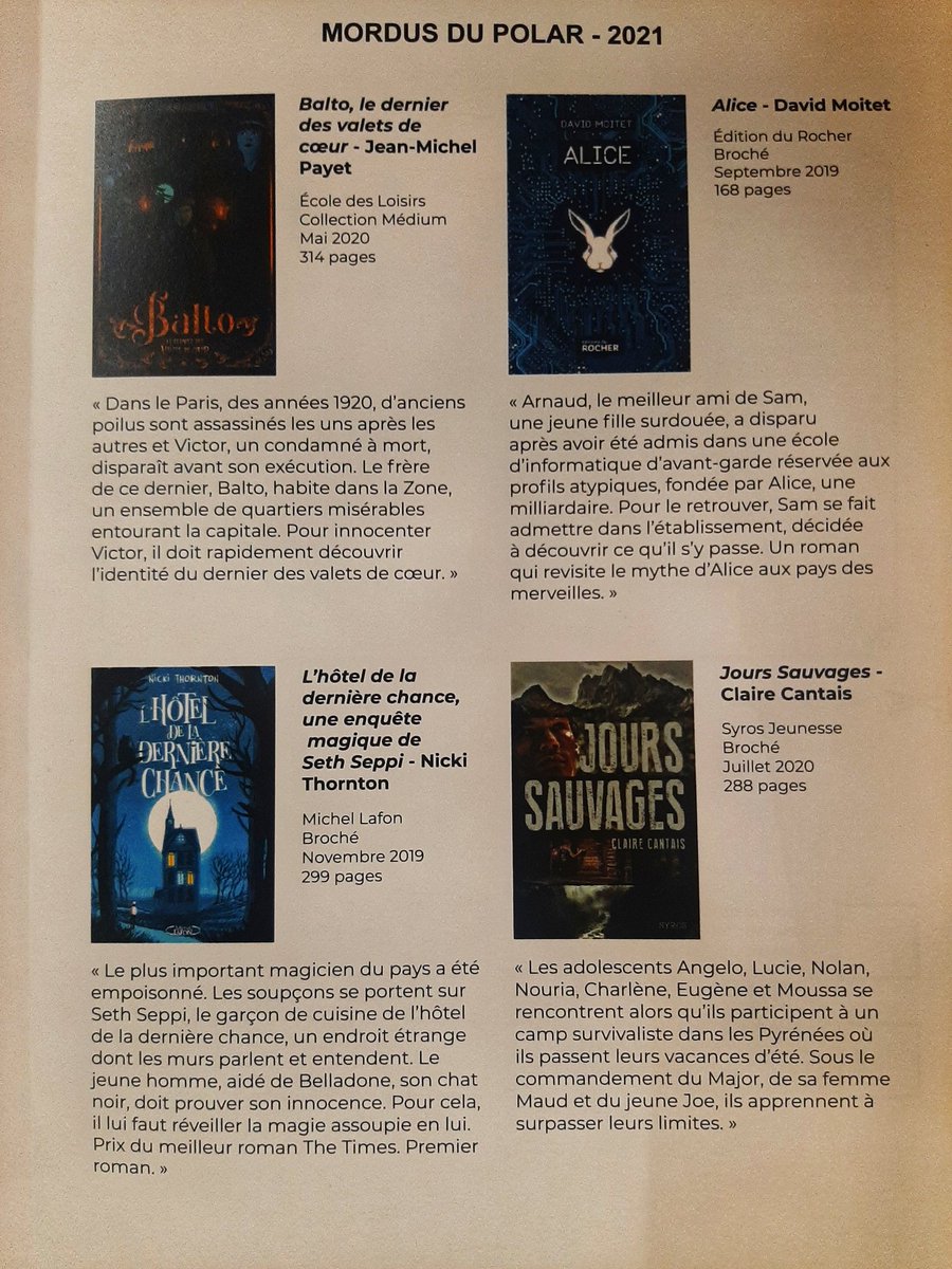 Italiebib's tweet photo. Ça y'est, les #MordusDuPolar2021, c'est parti ! 🕵🏼♂️🕵🏾♀️
Les titres sélectionnés sont :
"L'hôtel de la dernière chance" de @nicki_thornton
"Alice" de #DavidMoitet
"Balto: le dernier des valets de cœur" de @PayetJm
"Jours sauvages" de #ClaireCantais
Lequel aura votre préférence ?🧐 https://t.co/rdUq1oOT4F