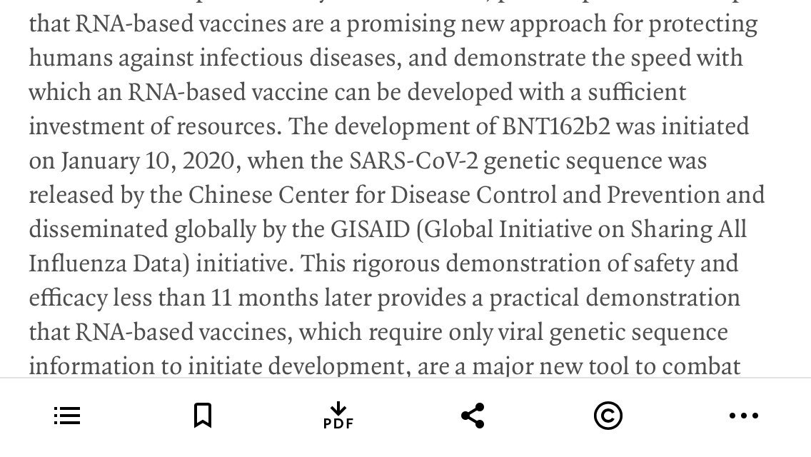 Text of New England Journal of Medicine article on efficacy of the Pfizer BioNTech vaccine, describing that their mRNA vaccine candidate BNT162b2 began development on January 10, 2020, when the SARS-CoV-2 genetic sequences was released by the Chinese CDC and disseminated globally by GISAID. https://www.nejm.org/doi/full/10.1056/NEJMoa2034577