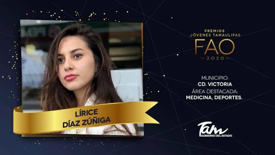 INDETamaulipas's tweet photo. Felicitamos a la Dra. Lírice Díaz Zuñiga por ser ganadora del premio 🏆#FAO2020 Jóven Destacado, en el área de Medicina y Deportes. Un reconocimiento a su dedicación y pasión diaria a su profesión. ¡Muchas felicidades Doctora! #OrgulloTam #EquipoINDE 🙌🏻👏🏻👏🏻 https://t.co/VbdAp2tnMs