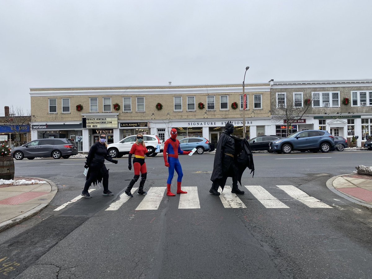 TownOfLexMA's tweet photo. Abbey Road? Or Mass Ave? Our local government superheroes remind everyone to #BeAHero and #WearAMask  to keep everyone safe https://t.co/j4ufAP4zP2