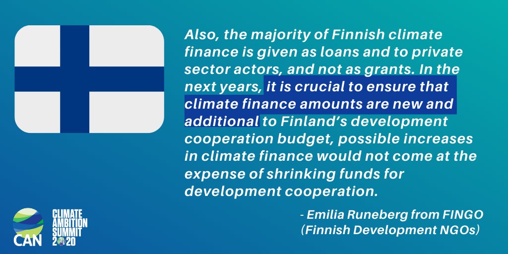 Finland: The  @FinGovernmentmust “ensure that climate finance amounts are new and additional to Finland’s development cooperation budget, possible increases in  #climatefinance would not come at the expense of shrinking funds for development cooperation”-Finnish Development NGOs
