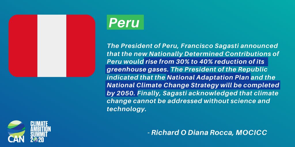 Peru enhanced its NDC from a 30% to 40% reduction of its greenhouse gases and will complete its National Adaptation Plan and National Climate Change Strategy by 2050. -  @mociccperu #ClimateAction    #ClimateAmbitionSummit