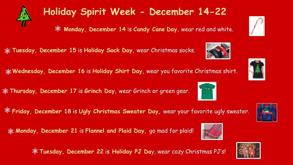 WillardIStigers's tweet photo. Holiday Spirit Week begins Monday with Candy Cane Day! Check the following schedule for what to wear each day!
#wearewillard https://t.co/YSeMmxh98s
