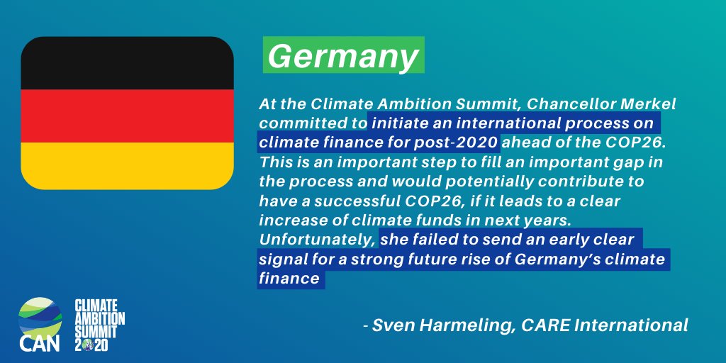 Germany: Although Chancellor Merkel committed to initiating an international process on  #climatefinance, "unfortunately, she failed to send an early clear signal for a strong future rise of Germany’s climate finance"- @harmeling  @CARE  #ClimateAction    #ClimateAmbitionSummit