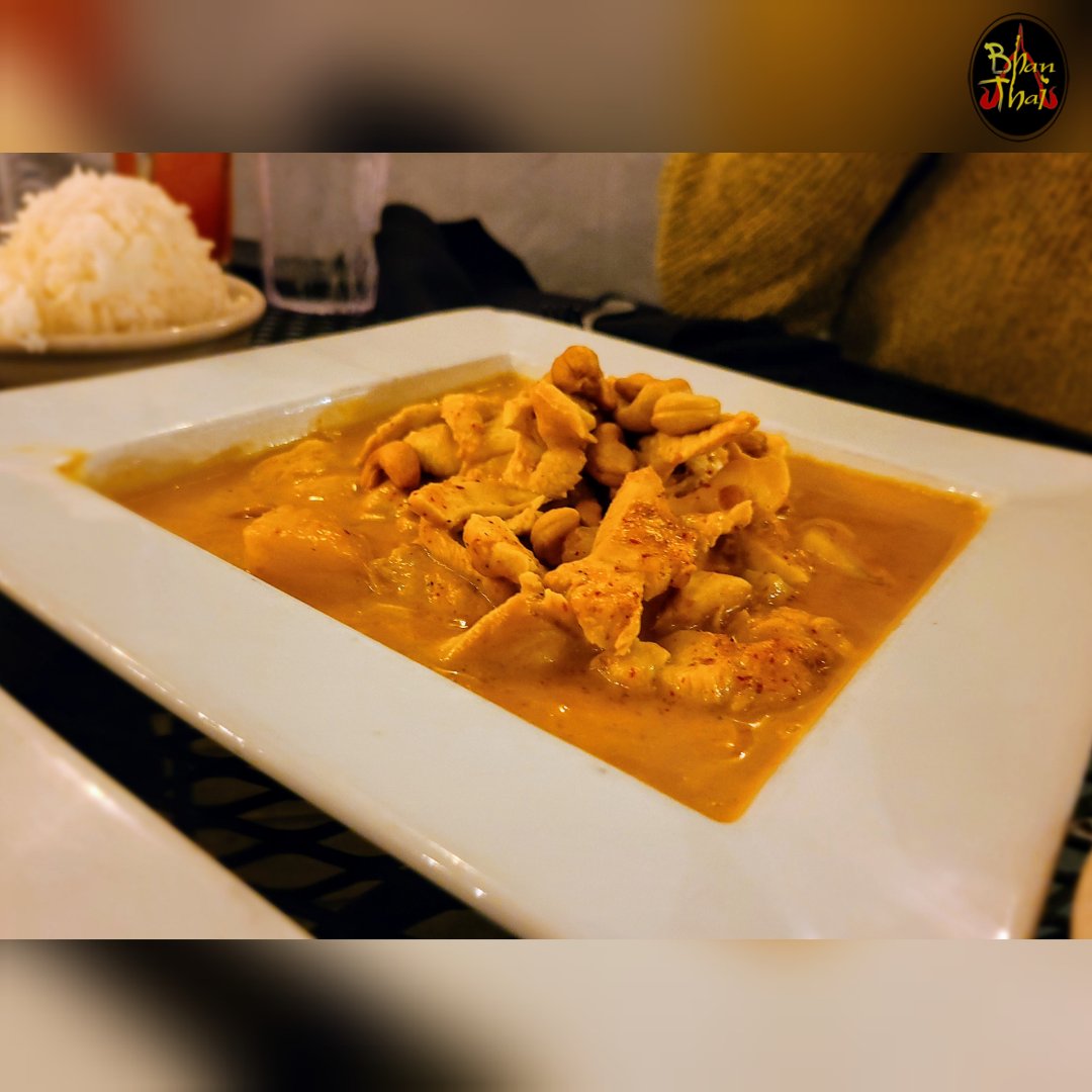 Massaman curry is traditionally served in Thailand during special occasions like weddings, births, and the ordination of a family member as a Buddhist monk. This sweet coconut curry has potatoes, cashew nuts, and your choice of vegetables, chicken, tofu, beef, or shrimp.