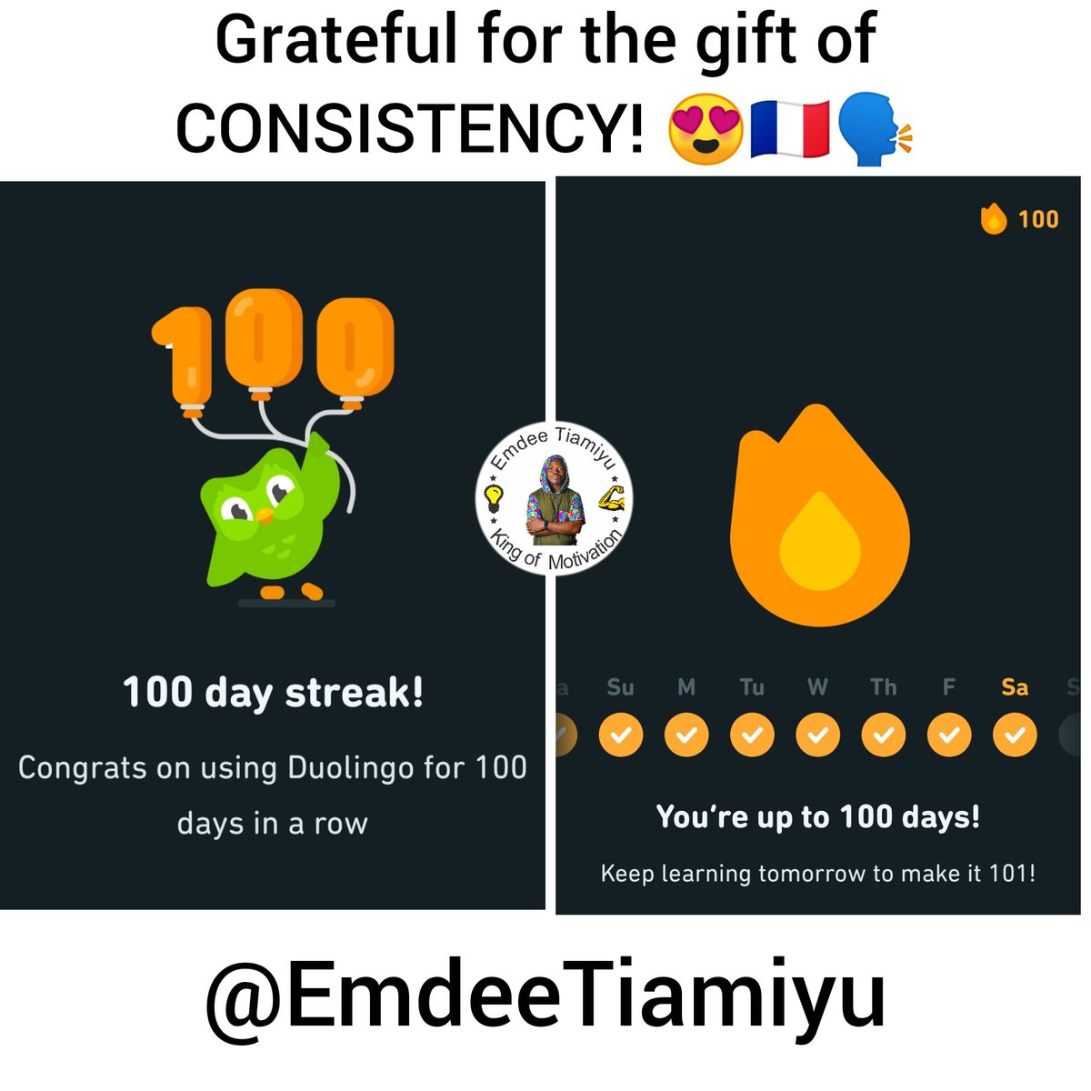 EmdeeTiamiyu's tweet photo. Started from Day 1, now we here π₯°. No single day missed. No excuses allowed. 100 STRAIGHT days of learning FranΓ§ais π«π· avec Duo π. Hope this inspires someone out there ππ½.
π
π
#GoalsThatWork #GoalSetting #Duolingo #Duolingo100 #French #YouHaveARightToBeMotivated https://t.co/IlNWeeykEx