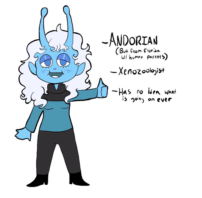 I caved and made a Star Trek oc. She's an Andorian science officer because my favorite color is blue. Do u care her ? 