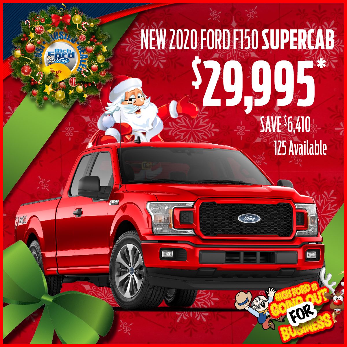 RichFordABQ's tweet photo. 🎅🏻Santa HAS come to town, and he's leaving behind 125 NEW 2020 Ford F-150 SuperCabs for you to choose! - Right now, SAVE $6,410!  Don't wait, these trucks won't be here long!  Don't you need a new sleigh this Christmas? - https://t.co/zTX3bXrqSy https://t.co/fvGVmQ9Jfd