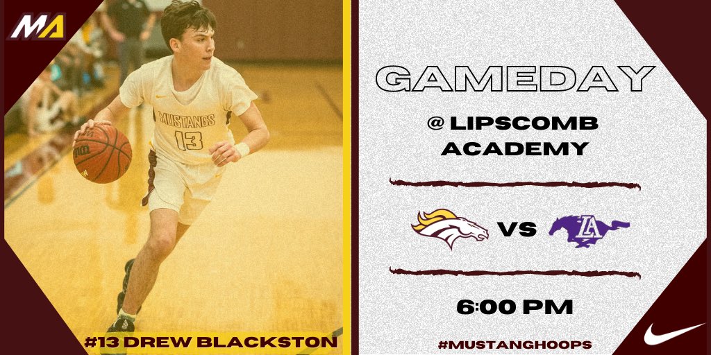 MAMustangHoops's tweet photo. 🏀 GAMEDAY 🏀

The Mustangs travel to Nashville, TN to face Lipscomb Academy‼️

🆚 @LAMustangsBB 
⌚️ 6:00pm
📍 Lipscomb Academy
🎟 GoFan

We will see you there!
#MAHoops https://t.co/iZcZ1mS4I6