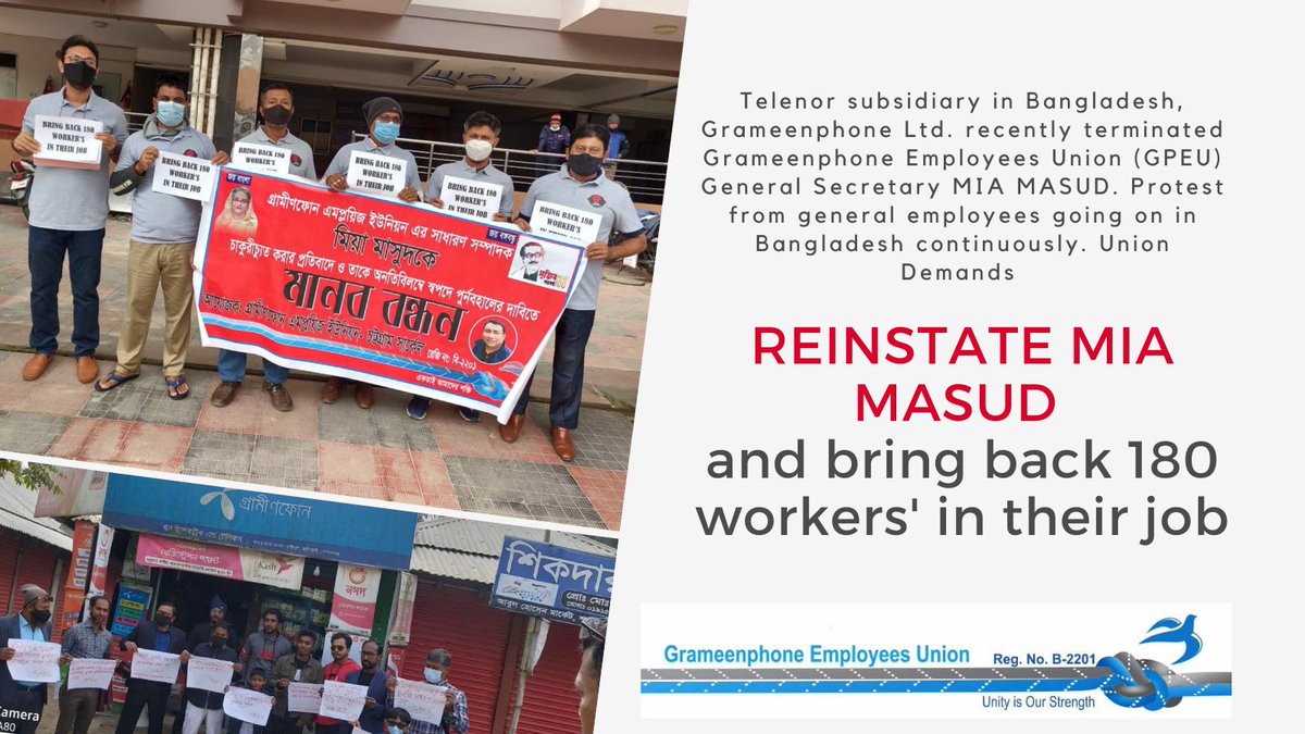 UnionGpeu's tweet photo. Telenor and Grameenphone should respect Human Rights. "Workers' Right is Human Rights."
#ReinstateMiaMasud
#BringBack180WorkersInTheirJob
#GPEU
@Grameenphone
@TelenorGroup
@Sigve_telenor
@uniglobalunion https://t.co/YpmTvGaq2X