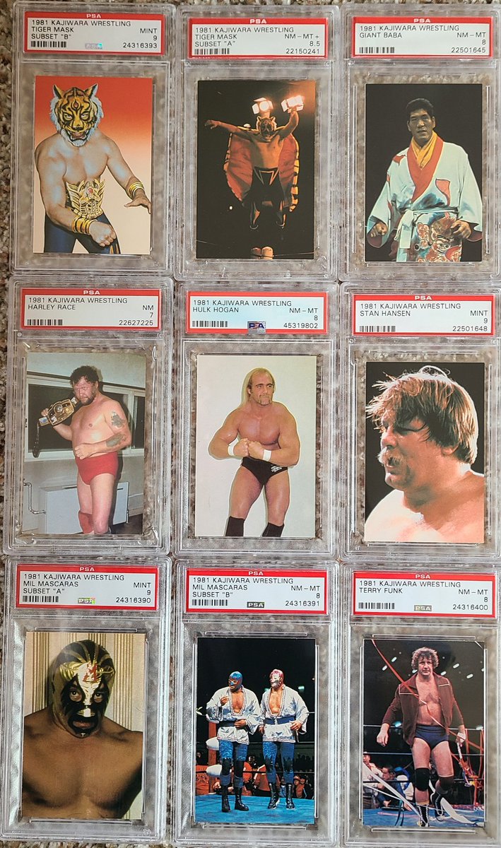 Wrestlingcardk1's tweet image. 1981 Popy Kajiwara Wrestling Cards with Hulk Hogan rookie card from Japan and 6x @PSAcard award winning set.   Bring awareness with a retweet.  Best figure cards ever released.  Harley Race was short printed.   #japanwrestling #ichiban #hulkhogan #inoki #andrethegiant @garyvee