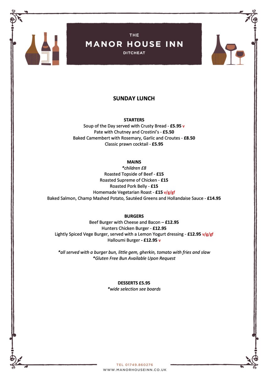 Sunday Lunch menu, available during December