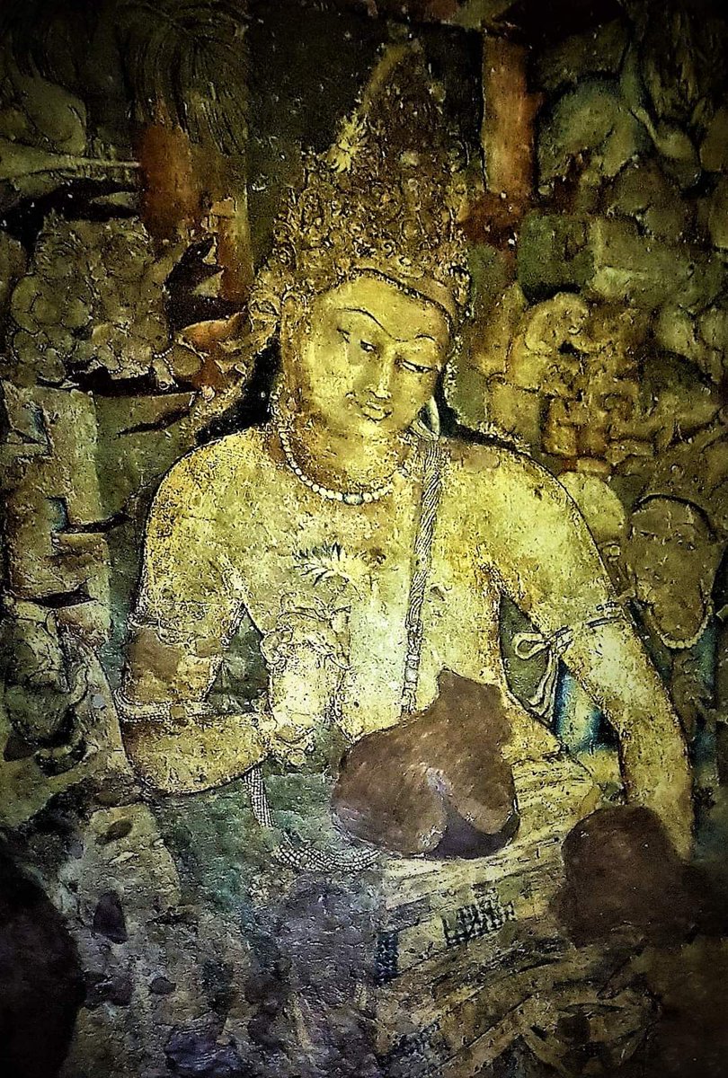 Padmapani, Ajanta Cave 1, c600:a Bodhisattva of otherworldly elegance & compassion, eyes half-closed, inward-looking, weightlessly swaying on the threshold of Enlightenment, caught in what Stella Kramrisch, described, wonderfully, as “a gale of stillness.”