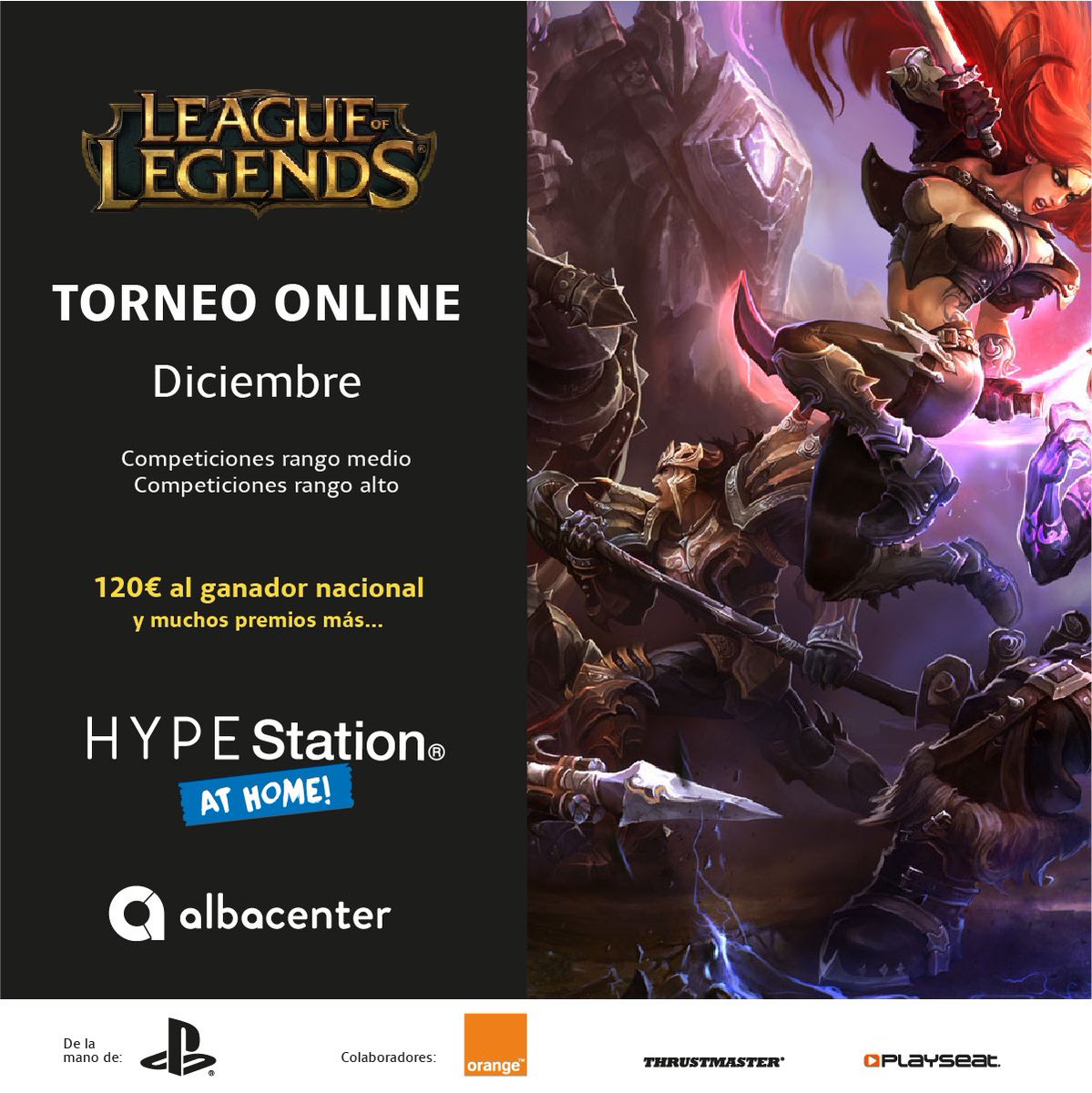 ¡Volvemos con los torneos más molones! 

En esta ocasión, Hype_station ha organizado un torneo de #LeagueOfLegends 🕹 

Si quieres apuntarte se celebrará del 18 de diciembre y hasta el 27 de diciembre. 

¡Apúntate! Aquí 👉🏻 bit.ly/37cFMNl
Plazas limitadas ⚠️

#Albacenter