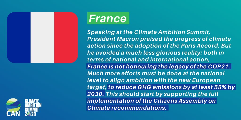 President  @EmmanuelMacron is not honouring the legacy of  #COP21 in terms of national and international action and should reduce emissions by at least 55% by 2030 to be aligned with the goals of the  #ParisAgreement - @lucildfr  @RACFrance  #ClimateAmbitionSummit  #ClimateAction  