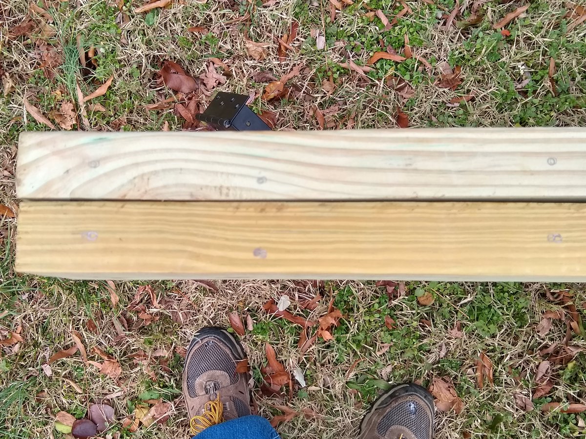 Cross beam pilot holes marked. Going to attach the cross beams to the brackets first before marking and drilling the pilot holes for the vertical beams.  #DIYRobb