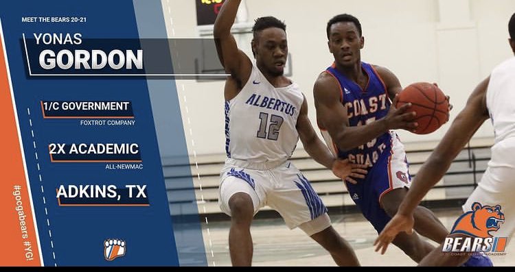Meet the Bears! 1/C Yonas Gordon.      

Major: Government 

2x Academic All-NEWMAC 

From: Adkins, Texas