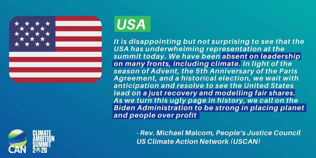 US: Absent on climate leadership, now it must step up on leading towards a  #JustRecovery from  #COVID19 and modelling fair shares. “We call on the  @JoeBiden Administration to be strong in placing planet and people over profit” - @mtmalcom  @AlabamaPJC  @uscan  #ClimateAmbitionSummit
