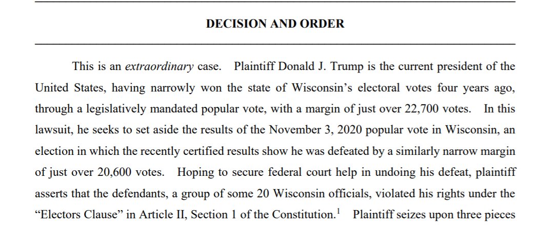 Judge Brett Ludwig, following an almost daylong hearing on Thursday, has tossed the last current federal case w/the Trump campaign as the named plaintiff.He starts his order by saying, "This is an extraordinary case."
