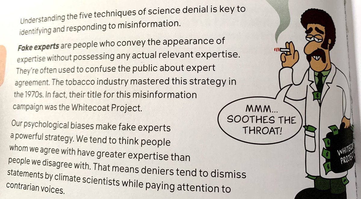 2/ “Fake experts are people who convey the appearance of expertise without possessing any actual relevant expertise... The tobacco industry mastered this strategy in the 1970s,” & called it the “Whitecoat Project.” -  @johnfocook, Cranky Uncle v Climate Change