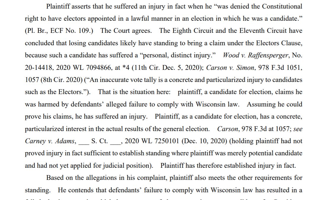 In fact, Ludwig, breaking from other judges, finds that Trump DOES have standing to challenge how WI's state election laws were implemented. But Ludwig rules against him anyhow.