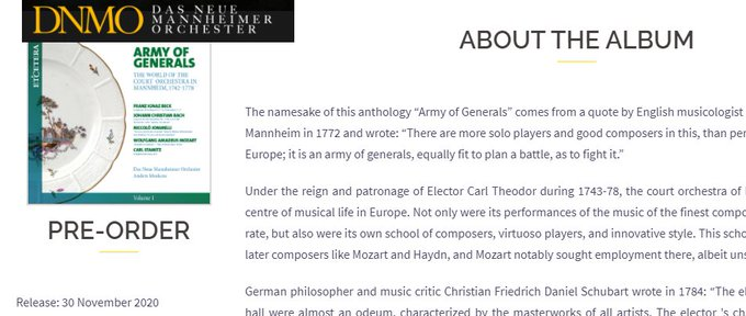 MozartCircle's tweet photo. New 30 November 2020
Order the new #Mannheim dedicated CD Series
"Army of Generals: 1743-1778" Vol. 1
an exclusive production 
@andersmuskens &amp;  @EtceteraRecords! #ff 

#Mozart #Beck #JCBach #CStamitz 

https://t.co/zEXKckzNZ0 https://t.co/vQ5JzvOiEb