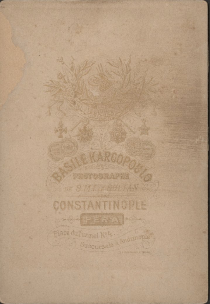 Basile Kargopoulo (Vassilaki (Vasili) Kargopulo) was an Ottoman Greek photographer with studios in Pera and Erdine. These are some of the most beautiful examples of black card/gold lettering I've ever seen.  https://bit.ly/KargopouloCabinet