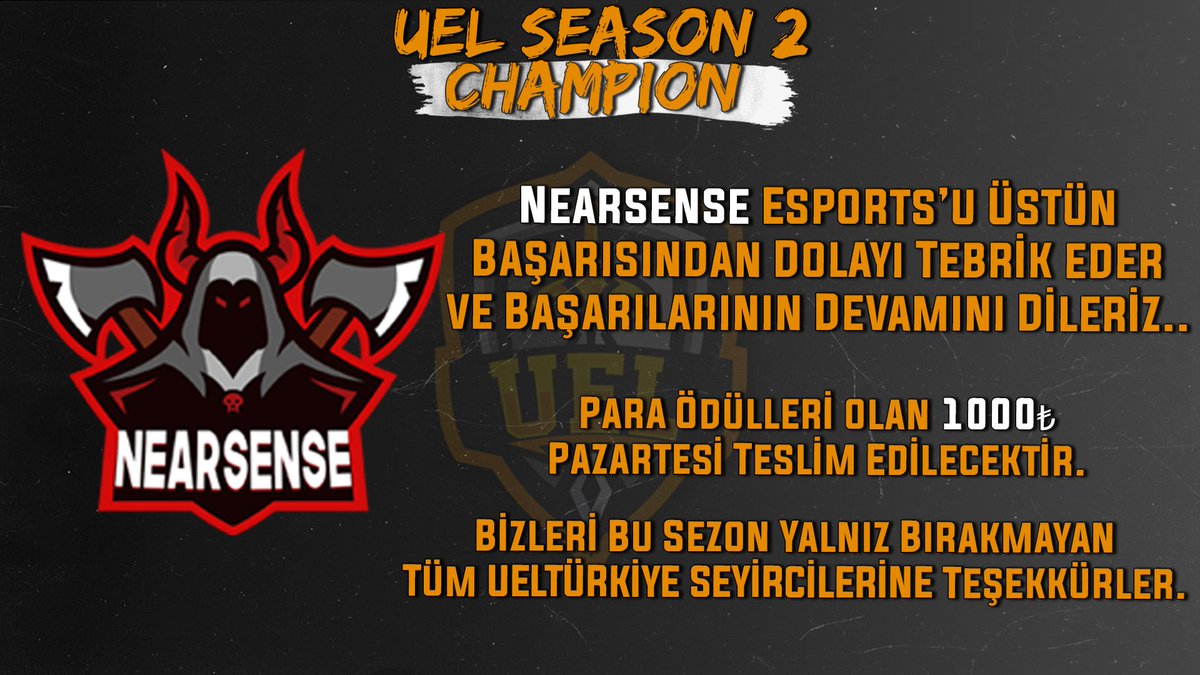 UEL Türkiye 2.Sezon'un sonuna geldik!
Final Maçında Cordelia Esports'a karşı 3-2 galip gelen NearSense Esports UEL Türkiye 2.Sezonun Şampiyonu oluyor !🎉
Bizleri bu sezon yalnız bırakmayan ve destekleyen tüm destekçilerimize teşekkürler. Bir sonraki organizasyonda görüşmek üzere.