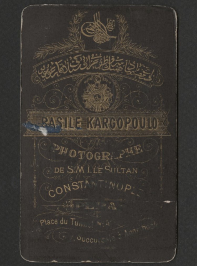 Basile Kargopoulo (Vassilaki (Vasili) Kargopulo) was an Ottoman Greek photographer with studios in Pera and Erdine. These are some of the most beautiful examples of black card/gold lettering I've ever seen.  https://bit.ly/KargopouloCabinet