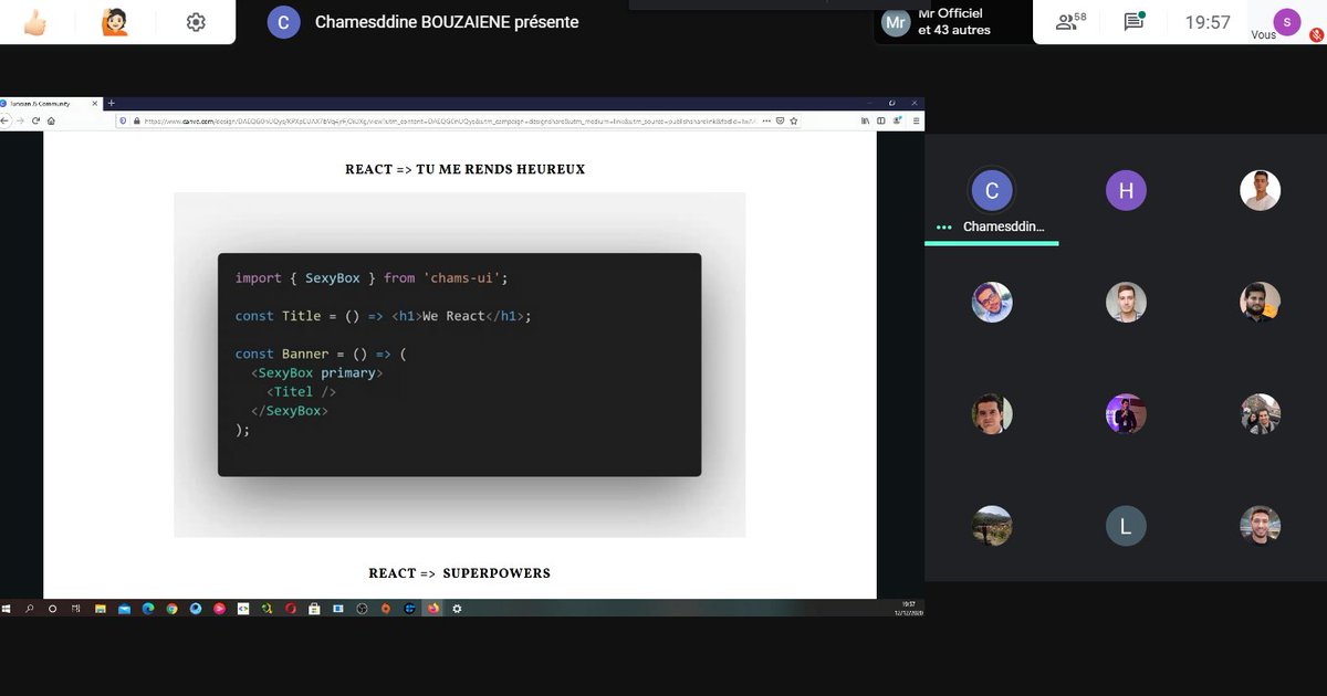 TunisianJS's tweet photo. Our second Talk  is starting now with Mr. Bouzaiene Chamseddine,
about React State a choice overload.

Follow us Live :https://t.co/sUeAR5FKCu

#JavaScript #Community #React #angular_on_fire  #redux   
#tunisianjscommunity #coronavirus #reacthooks #ReactJS  #reactAdvanced https://t.co/Ync9CLRSIn