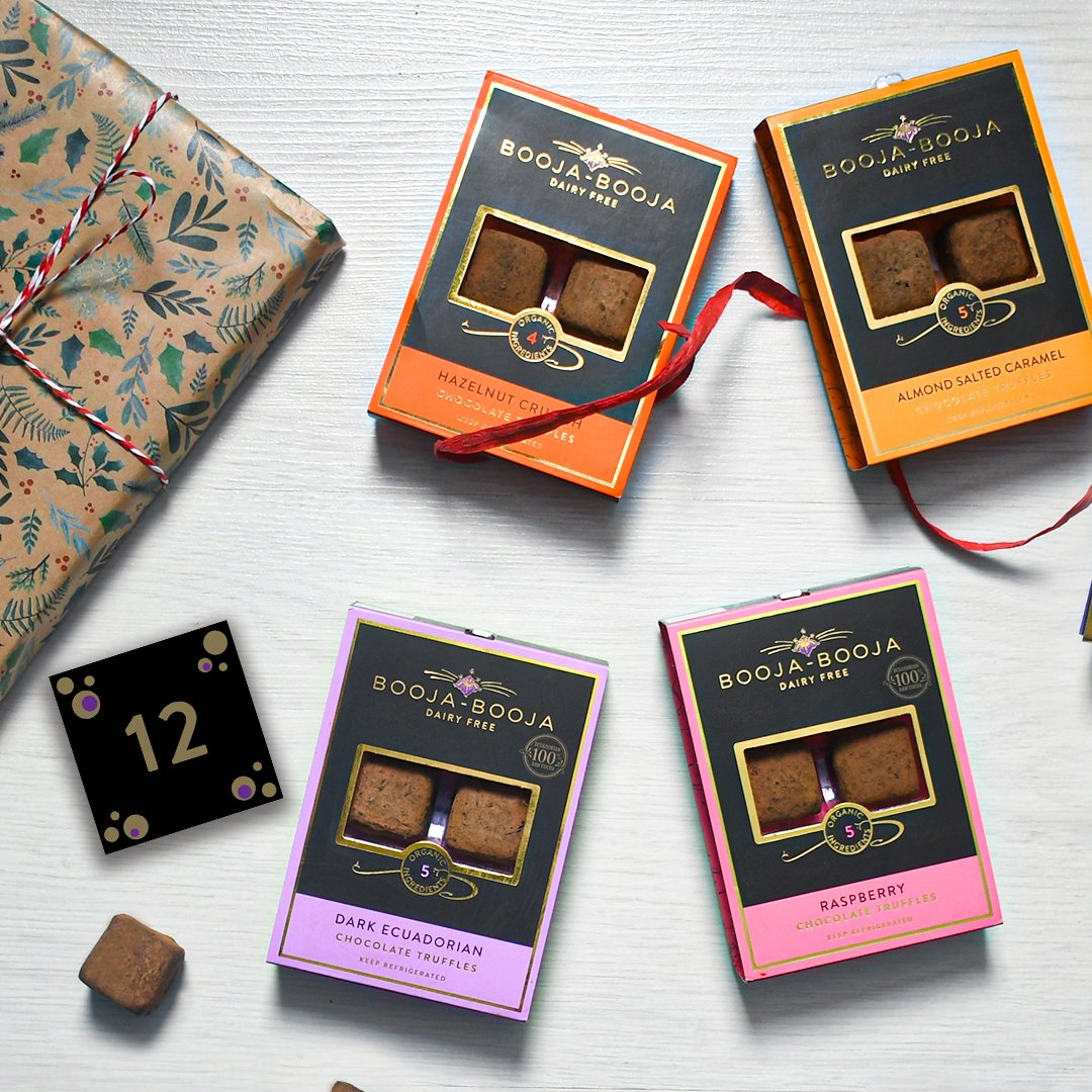 BoojaBooja's tweet photo. *WIN* a bundle of Six Truffle Packs on DAY 12 of the #BoojaBooja #AdventCalendar. To enter follow us &amp; RT with #BoojaAdvent12 Winner will be picked on Fri 18th from all our soc media channels **NB: Prize may not arrive before Christmas**  #vegan #organic #feelingfestive #win https://t.co/c1lbwYnHBK