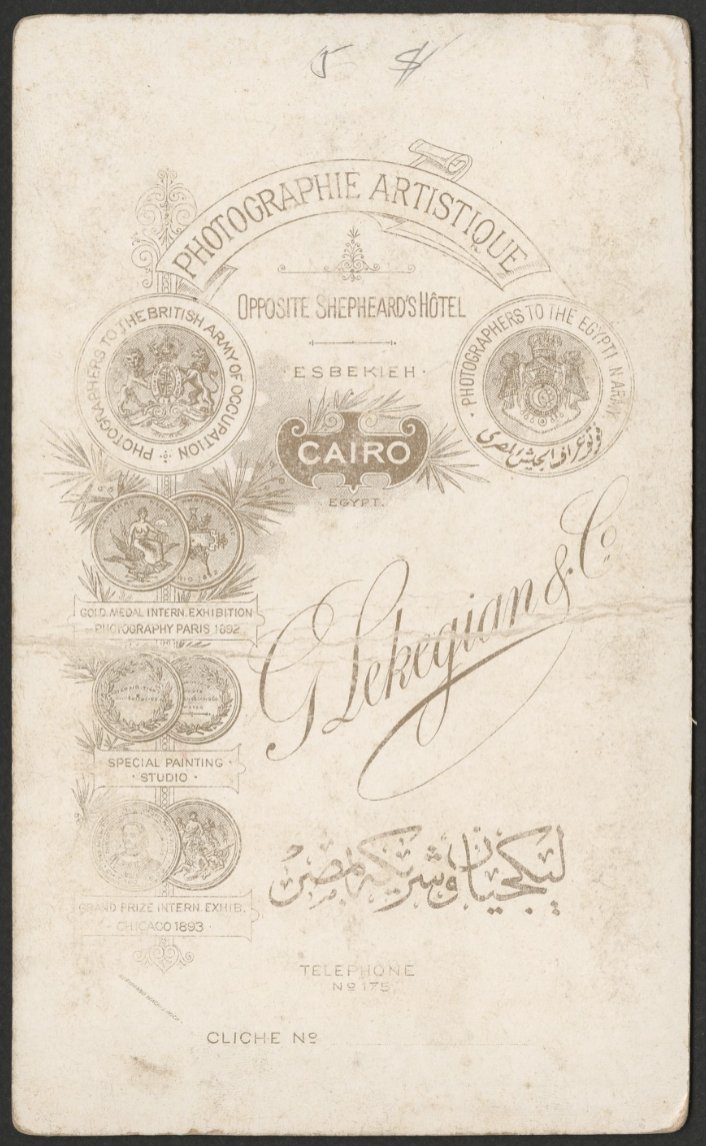 Studio G. Lekegian & Co, Opposite Shepheard's Hotel, Esbekieh, Cairo (Egypt). Note the two crests with the words "Photographers to the British Army of Occupation" and "Photographers to the Egyptian Army". Not all studio photography is pretty.  https://akkasah.org/en/results/?filter=format%3ECarte%20De%20Visite%2FCabinet%20Card;;location%3EEgypt;;author_studio%3EStudio%20G.%20Lekegian%20%26%20Co,%20Opposite%20Shepheard%27s%20Hotel,%20Esbekieh,%20Cairo%20(Egypt);;&queries=&pageid=undefined