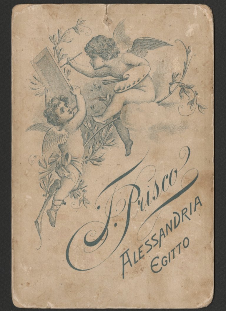 Two Alexandrian cabinet cards: F. Prisco and Fettel & Bernard, whose tagline was "les clichés sont conservés".  https://akkasah.org/en/results/?filter=format%3ECarte%20De%20Visite%2FCabinet%20Card;;location%3EAlexandria,%20Egypt;;&queries=&pageid=undefined