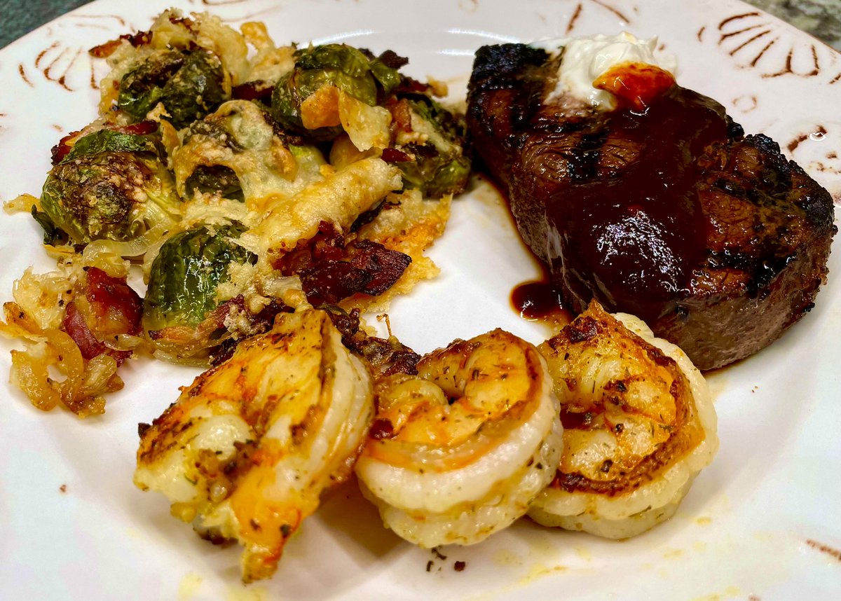 Filets compliments of my bro & sis in law for Christmas so delish 🥰 roasted brussel sprouts & shrimp complete the dish #nocarbs