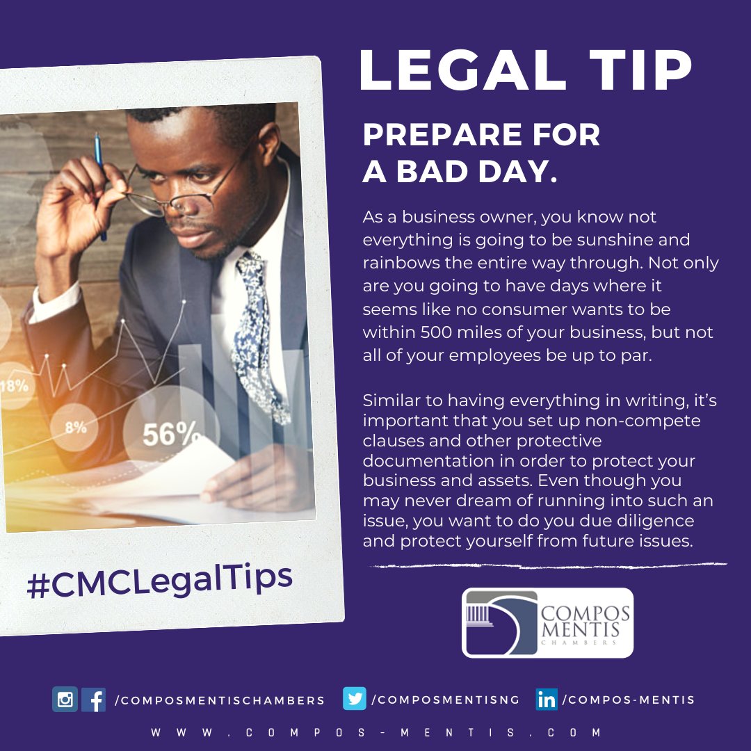 composmentisng's tweet photo. Prepare for a Bad Day:
Similar to having everything in writing, it’s important that you set up non-compete clauses and other protective documentation in order to protect your business and assets.
Read more: https://t.co/zmVR5euPb7
#CMCLegalTips https://t.co/FEQ1kWCsjf