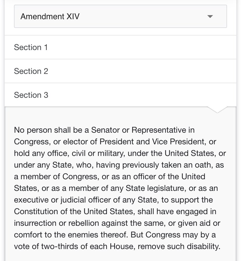 Section 3 of the 14th Amendment is also applicable here, as many have noted, which states that no person who has engaged in insurrection or rebellion against the United States shall be a senator or representative in Congress. Enforcing this would mean removing the entire  @GOP.