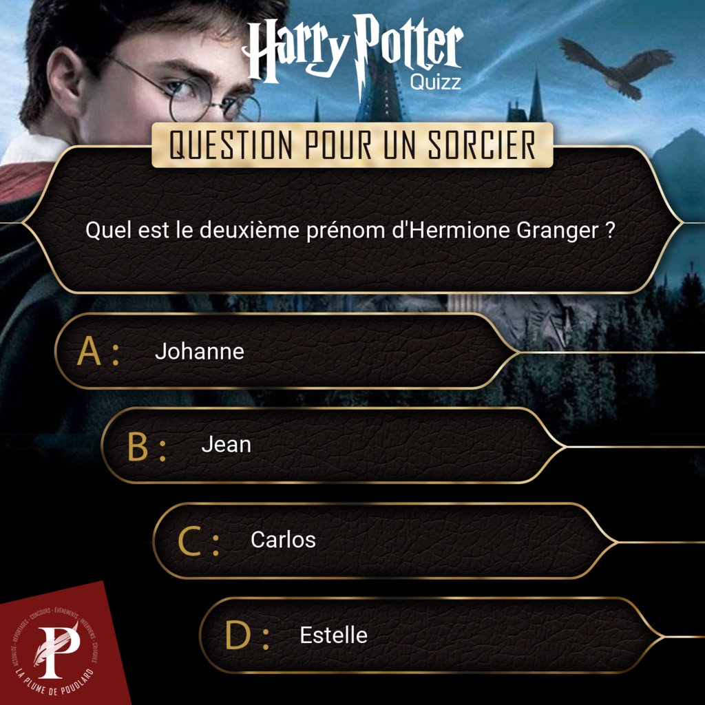LaPlumePoudlard's tweet photo. [Harry Potter Quiz]

Nouveau ! Question pour un sorcier débarque sur La Plume de Poudlard !
Pour jouer, rien de plus simple, sélectionnez l'icone de réaction correspondante à la réponse.

Rendez-vous dans quelques minutes pour découvrir la réponse !

#HarryPotter #Quiz #JKRo… https://t.co/Vx1HcFUsH1