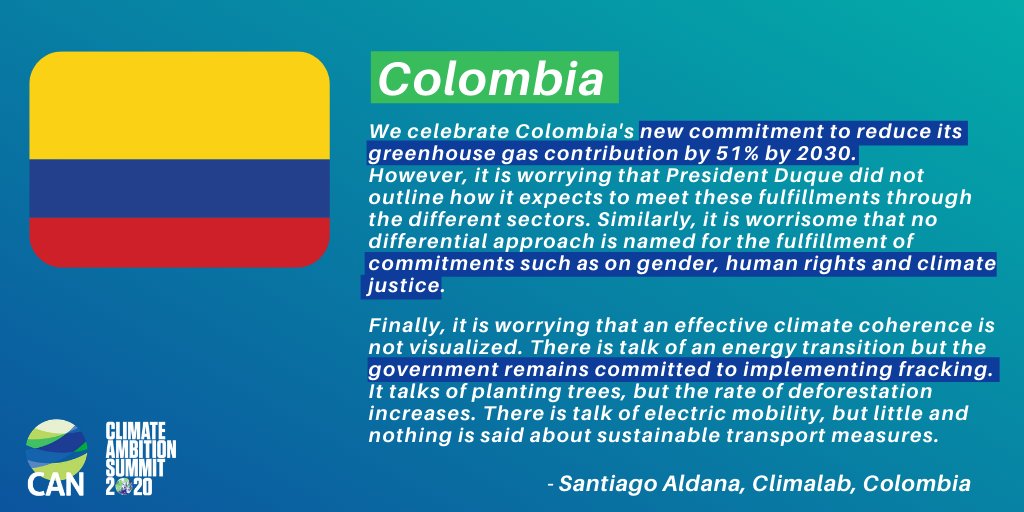 Colombia: We welcome its enhanced NDC to 51% by 2030, however important aspects are missing: gender, human rights and  #climatejustice while plans for fracking and continued deforestation continue.- Santiago Aldana,  @Climalab_org  @CAN_LA_  #ClimateAmbitionSummit  #ClimateAction  