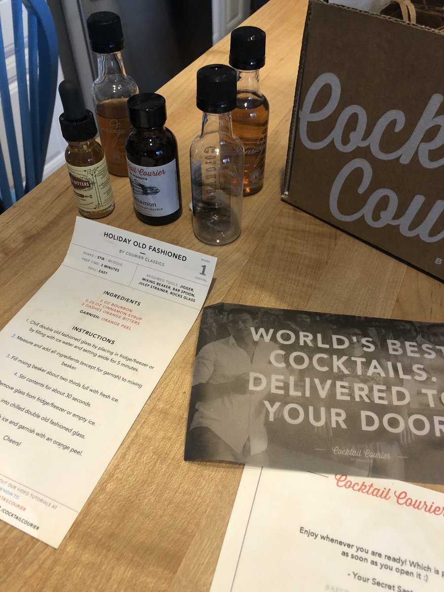 moog824's tweet photo. @cocktailcourier just got this package from my secret Santa and am extremely disappointed as the packaging exploded in transit. All of the bottles were drained, packaging wet, and papers ruined. Please advise what can be done as I don’t think this acceptable. https://t.co/BdYbal6uKv