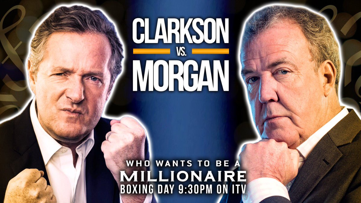 Money_LONDON_UK's tweet photo. #MoneyGames @piersmorgan @TV_Radio_LONDON @JeremyClarkson #CharityCash RT @MillionaireUK: Jeremy Clarkson and Piers Morgan face off on #WhoWantsToBeAMillionaire - Boxing Day 9:30pm on ITV 🥊 https://t.co/Jqe6HEd8FA