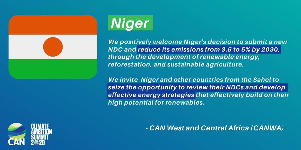 Niger: We positively welcome Niger’s decision to submit a new NDC and reduce its emissions from 3.5 to 5% by 2030, through the development of renewable energy, reforestation, and sustainable agriculture.- CAN West and Central Africa (CANWA)  #ClimateAmbitionSummit  #ClimateAction  