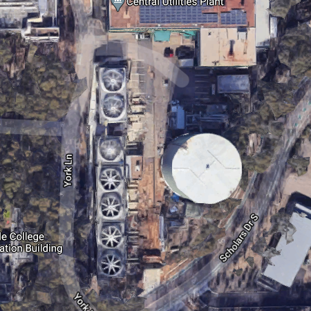 UC San Diego's "central utilities plant" is a gas plant that burns methane to make electricity and steam directly behind York Hall. https://www.google.com/maps/@32.8740485,-117.2392485,50m/data=!3m1!1e3