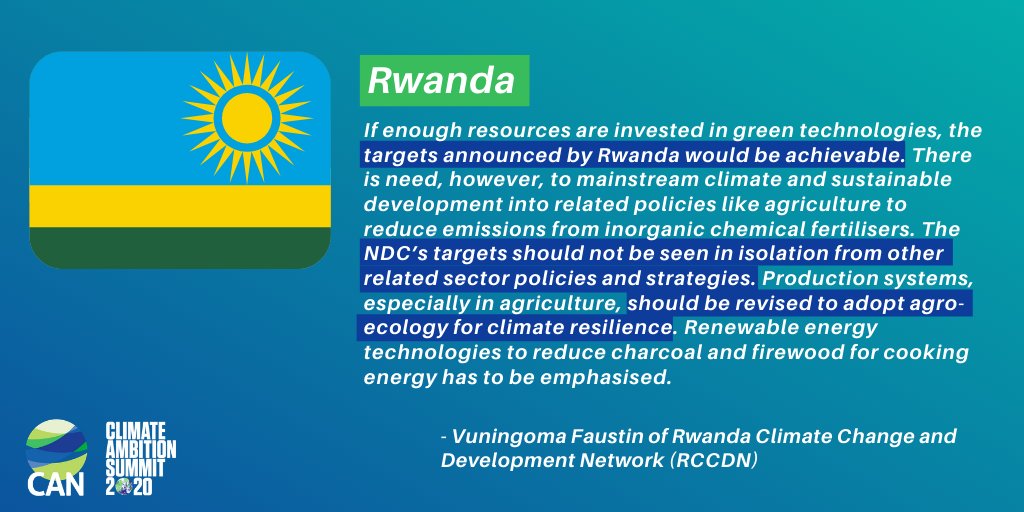 Rwanda could achieve the targets with enough support for green technologies, and should adopt agro-ecology for climate resilience and emphasise renewable energy for cooking to replace charcoal and firewood.- Vuningoma Faustin  @RCCDNRwanda  #ClimateAmbitionSummit  #ClimateAction  