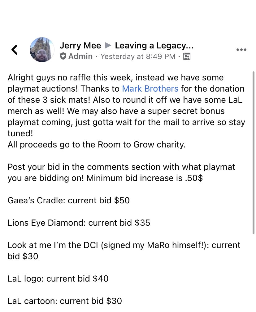 PatEuglow's tweet image. Hey all - I don’t use Twitter much anymore but if you wanna bid on one of these sweet playmats DM me or post in the thread on the LaL FB page. All proceeds benefit @RoomtoGrow_org