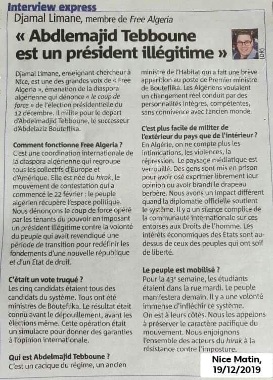 LIMANEDJAMAL's tweet photo. ✍️Petit rappel d'une interview accordée à @Nice_Matin après le simulacre électoral du 12/12/2019.
💡Au-delà de l'Algérie, aujourd'hui le Peuple Nord Africain est plus que jamais appelé à (re)construire son espace naturel d'échange, de prospérité et de paix.
#Smart_People #Talwit https://t.co/7ppd6pzrOf