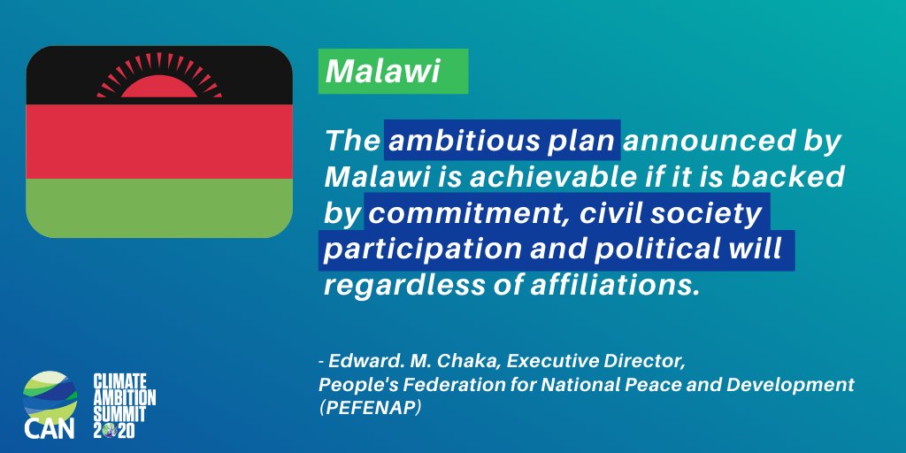 Malawi: "The ambitious plan announced by Malawi is achievable if it is backed by commitment, civil society participation and political will regardless of affiliations."- Edward. M. Chaka  @pefenaporg #ClimateAmbitionSummit  #ClimateAction  